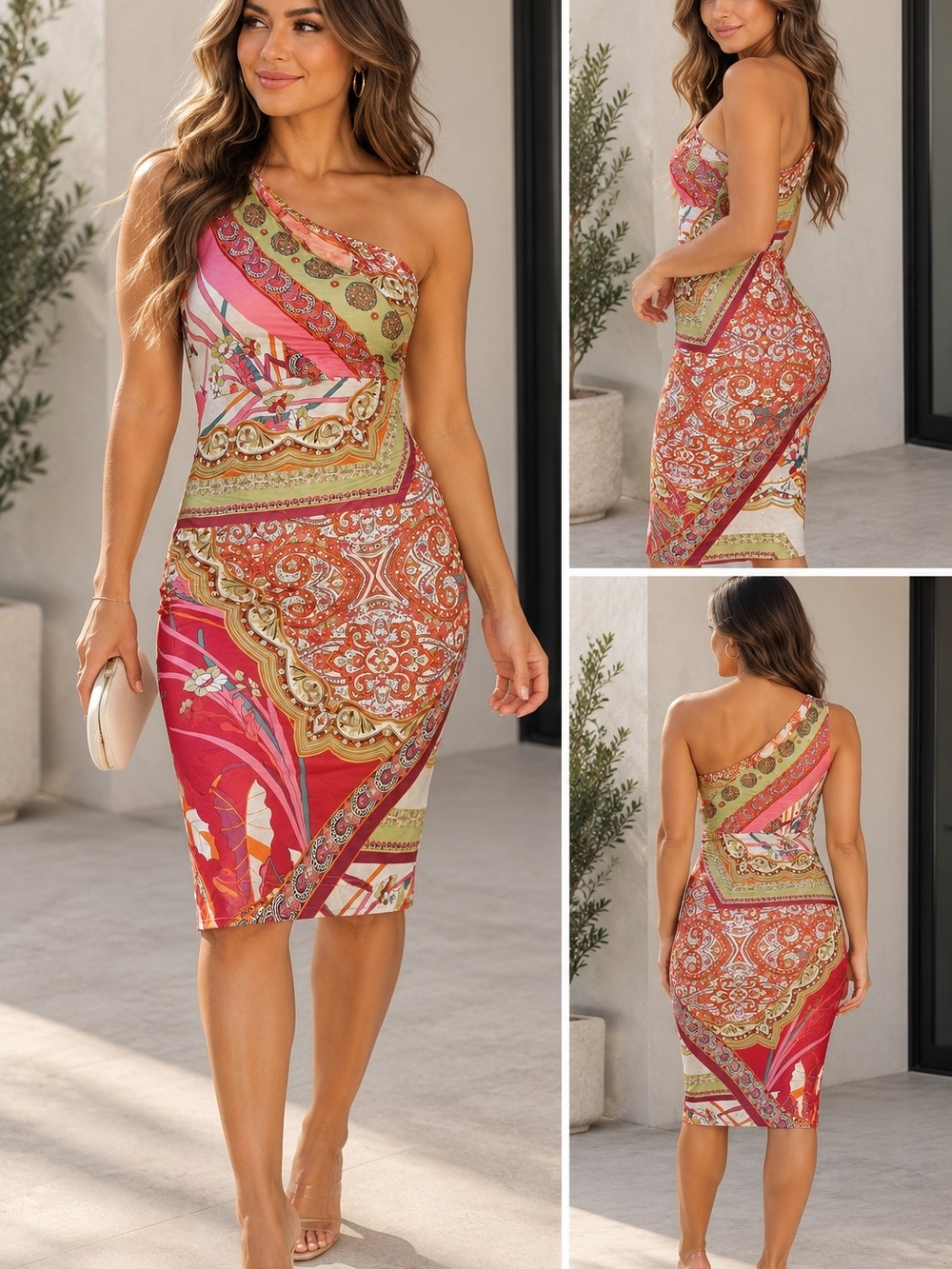 SHEIN One-Shoulder Paisley Patchwork Midi Dress - Red Multi Size XL